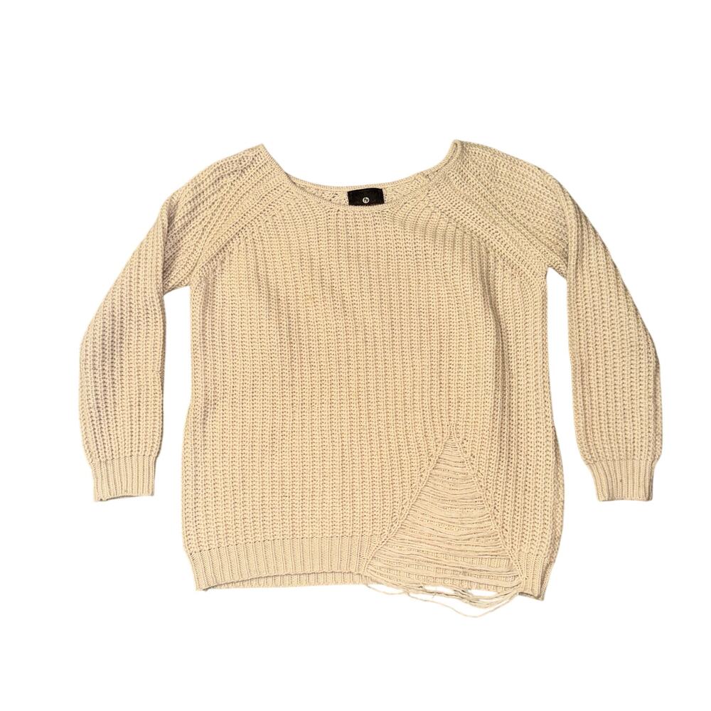 Heartloom Distressed Sweater Women's Size L Cream Wool Blend Tight Knit